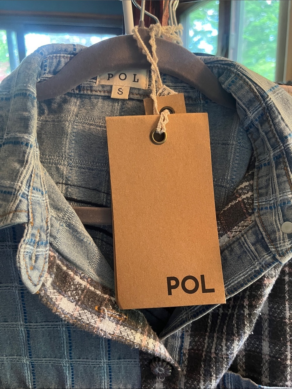 POL Mixed Blue and Brown Plaid Button-Up Shirt Jacket